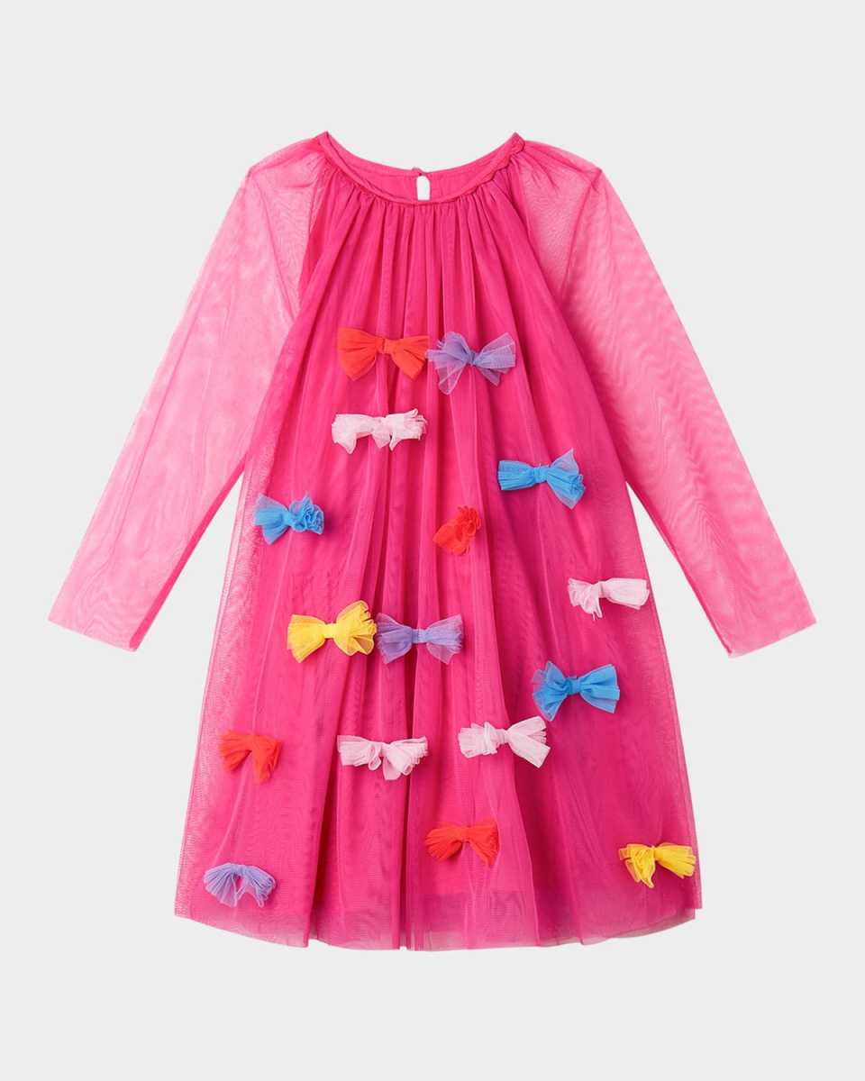 Girl's Multicolor Bow Long-Sleeve Tulle Dress, Size 4-